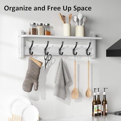 Coat Rack Wall Mount with Shelf, 24 Inch Coat Hanger Walls Mounted, Hat Rack for Walls, Shelf with 5 Coat Hooks, Wall Hanger for Entryway (White)