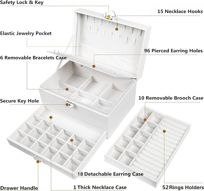 QBestry Earring Jewelry Box for Women Girls Stud Organizers, 5 Layers White Jewelry Organizer Box with Lock Necklaces and Earrings Holder Jewelry Box with Earring Organizer for Women Girls Xmas Gifts