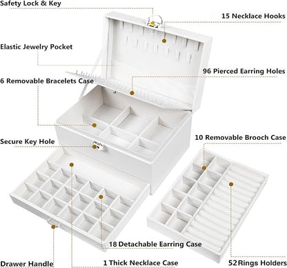 QBestry Earring Jewelry Box for Women Girls Stud Organizers, 5 Layers White Jewelry Organizer Box with Lock Necklaces and Earrings Holder Jewelry Box with Earring Organizer for Women Girls Xmas Gifts
