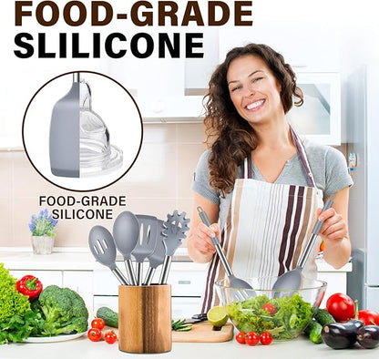 5Pcs Silicone Cooking Utensils Set, Heat Resistant Kitchen Tools Include Solid&Slotted Spatula, Cooking Spoon and Pasta Server, Silicone Kitchen Utensils set for Nonstick Cookware Flipping, Gray
