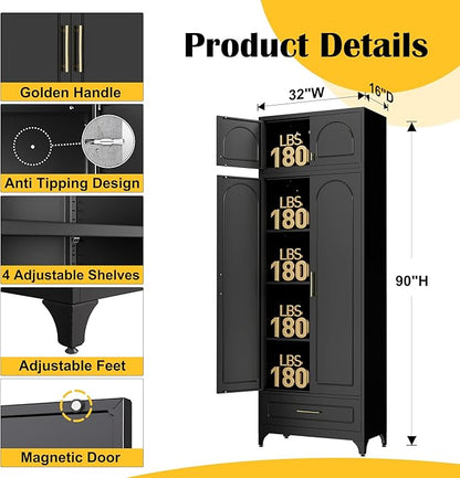 Kitchen Pantry Cabinet，90" Storage Cabinets with Doors and Shelves,Metal Pantry Cabinet with Drawers,White Kitchen Cupboard for Livingroom,Pantry, Bathroom