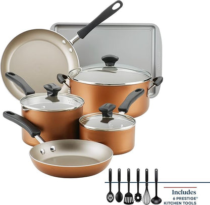 Farberware Cookstart DiamondMax Nonstick Cookware/Pots and Pans Set, Dishwasher Safe, Includes Baking Pan and Cooking Tools, 15 Piece - Copper