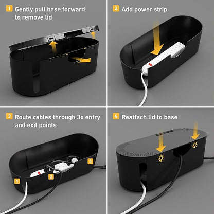 D-Line Cable Management Box, Power Strip Cover, Floor Outlet Hider, Desk Cord Organizer, Hide Extension Leads, 12.75" (L) x 5" (W) x 4.5" (H), for use with Power Strips up to 10.5in (L) - Small, Black