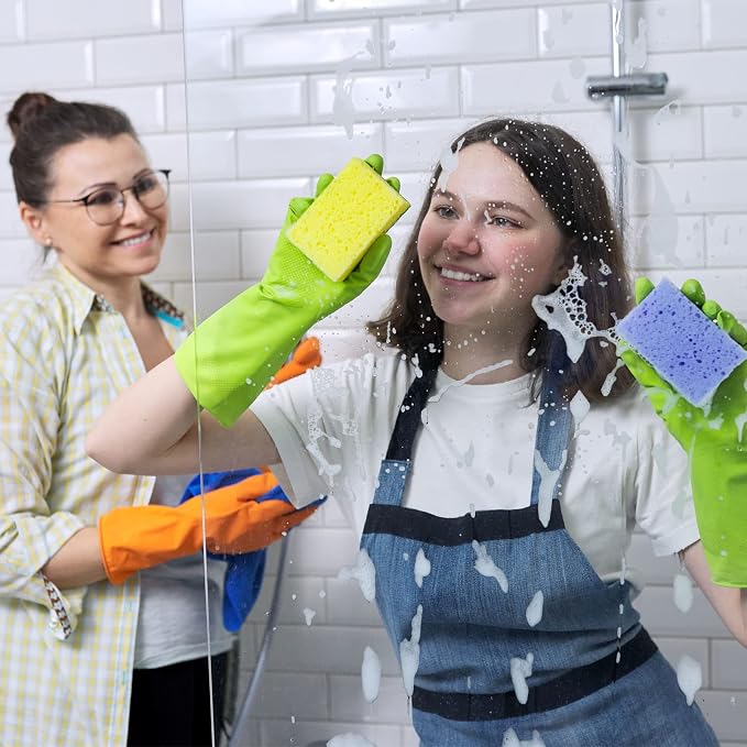 Bamllum 3 Pairs Rubber Cleaning Gloves for Household - Reusable Dishwashing Gloves for Kitchen, Flexible Long-lasting & Waterproof (Large, Green+Red+Orange)