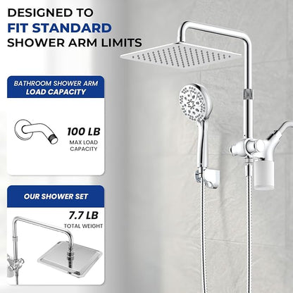 Ryamen Upgraded Dual Shower Heads Combo, 10 inch Filtered Shower Head with Handheld, 3-Way Rain Shower Head with Filters, 7 Settings Handheld Spray, High Pressure, Height Adjustable (Silver)