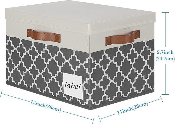 PFFVRP Large Storage Bins with Lids, Foldable Fabric Storage Baskets with Lids, Sturdy Storage Boxes with Labels and 3 PU Handles for Closet Home Bedroom Office (26L, 3 Packs, Grey Plaid&White)