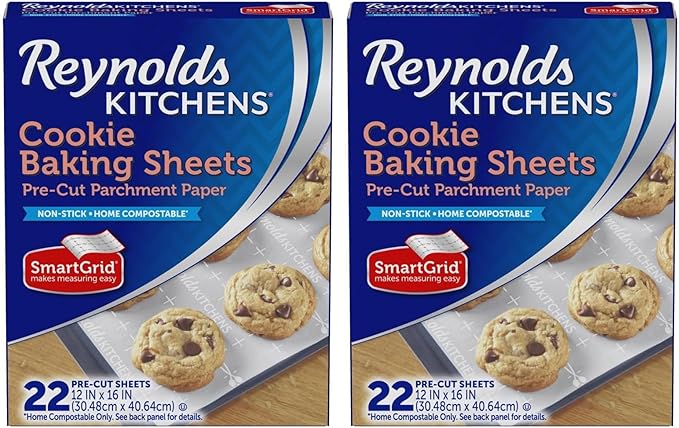 Reynolds Kitchens Cookie Baking Sheets, Pre-Cut Baking Parchment Paper Sheets for Cookies, Oven-Safe up to 425 Degrees, Reusable Up to 3X, No-Mess Cleanup, 12 in x 16 in, 22 Count (Pack of 2)