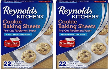 Reynolds Kitchens Cookie Baking Sheets, Pre-Cut Baking Parchment Paper Sheets for Cookies, Oven-Safe up to 425 Degrees, Reusable Up to 3X, No-Mess Cleanup, 12 in x 16 in, 22 Count (Pack of 2)