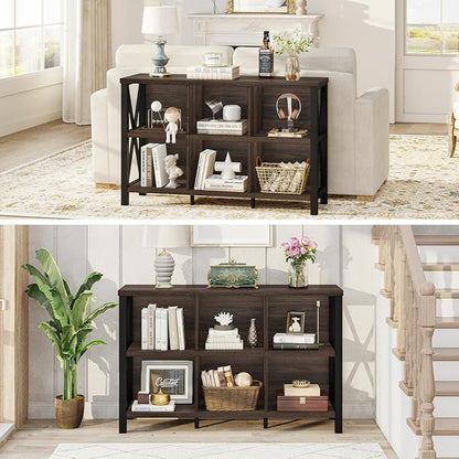 FATORRI 6 Cube Storage Organizer with Shelf, Short Horizontal Bookshelf for Living Room, Wood and Metal Cubby Bookcase, 47 Inch Industrial Low Book Shelf and Book Case (Dark Walnut)