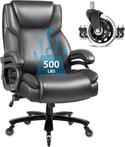 VITESSE 500lbs Heavy Duty Office Chair for Low Back Pain Relief, Big and Tall Office Chair with Ergonomic Lumbar Support, High Back Executive Chair with Quiet Rubber Wheel（Grey）