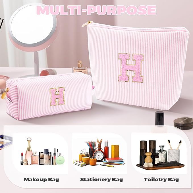 Monogrammed Gifts for Women - Cosmetic Bag for Teen,Initial Cute Makeup Bag Set for Women,Trendy Pouch for Niece Sister Friend Female Her,Birthday Gifts for Daughter - Pink,H