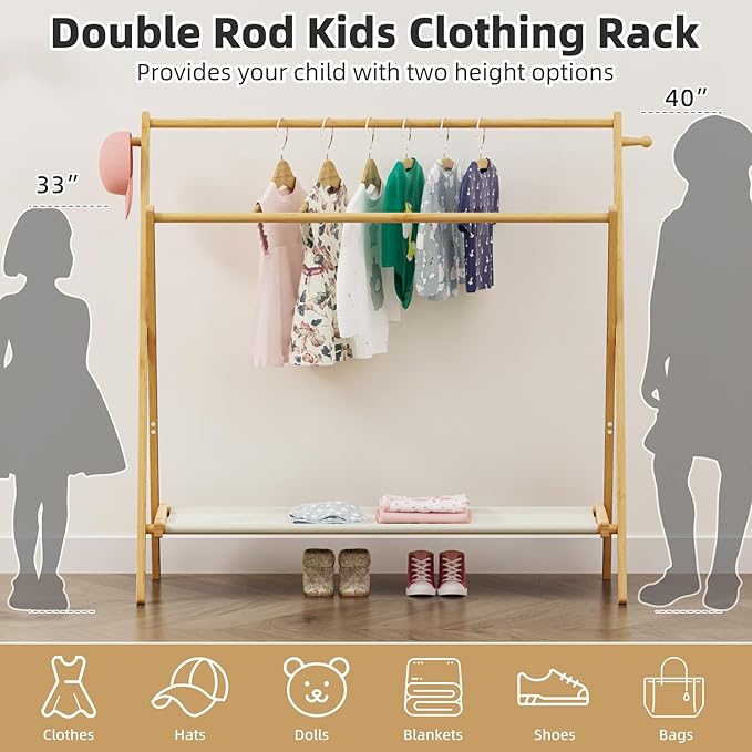 Kids Clothing Rack With Storage Shelf & Double Rods, Foldable Dress Up Clothes Rack for Toddler Nursery, Child's Room, 100% Natural Bamboo (Large Size)