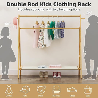 Kids Clothing Rack With Storage Shelf & Double Rods, Foldable Dress Up Clothes Rack for Toddler Nursery, Child's Room, 100% Natural Bamboo (Large Size)