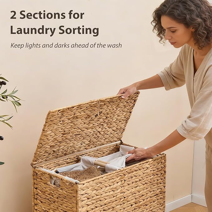Large Laundry Hamper with Lid, Handwoven Natural Water Hyacinth Heightened Feet Laundry Basket, 2-Sections Wicker Clothes Hamper with Removable Liner Bag (Natural, 120L)