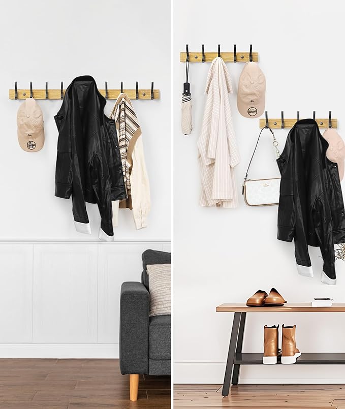 Coat Rack Wall Mount, 16.5 Inches Wood Coat Hooks Wall Mount, Wall Coat Rack with 5 Hooks, Hat Rack Wall Hooks for Hanging Coat, Bag, Towel (1Pack, Natural)