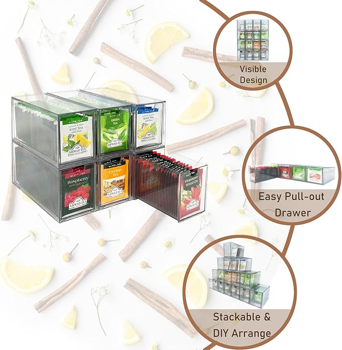 AZEZO 6-Pack Tea Bag Drawers Organizer - 6 Clear Plastic Drawer Tea Bag Holder; Stackable & Portable; Wider Size; Well-Organized Storage for Tea Bags Storage Chests；High Volume