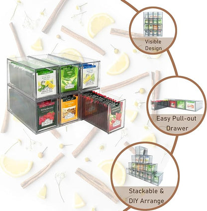AZEZO 6-Pack Tea Bag Drawers Organizer - 6 Clear Plastic Drawer Tea Bag Holder; Stackable & Portable; Wider Size; Well-Organized Storage for Tea Bags Storage Chests；High Volume