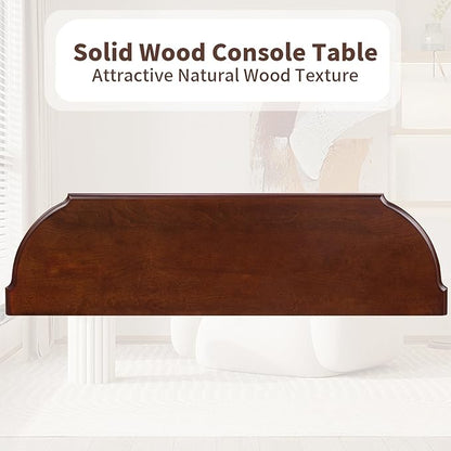 43" Retro Curved Console Table with Drawers, Solid Wood Half Moon Console Table Entry Sofa Table with Storage with Solid Pine Roman Legs Open Shelf for Small Spaces Living Room,Cherry