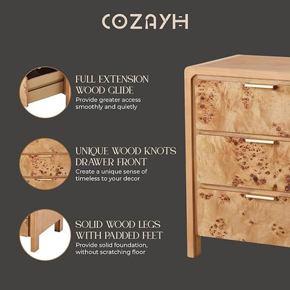 COZAYH Burl Finish 3 Drawer Nightstand, Wood Rustic Farmhouse Dresser, Vintage Accent Storage Bedside Table for Bedroom Entryway, Fully Assembled, Natural
