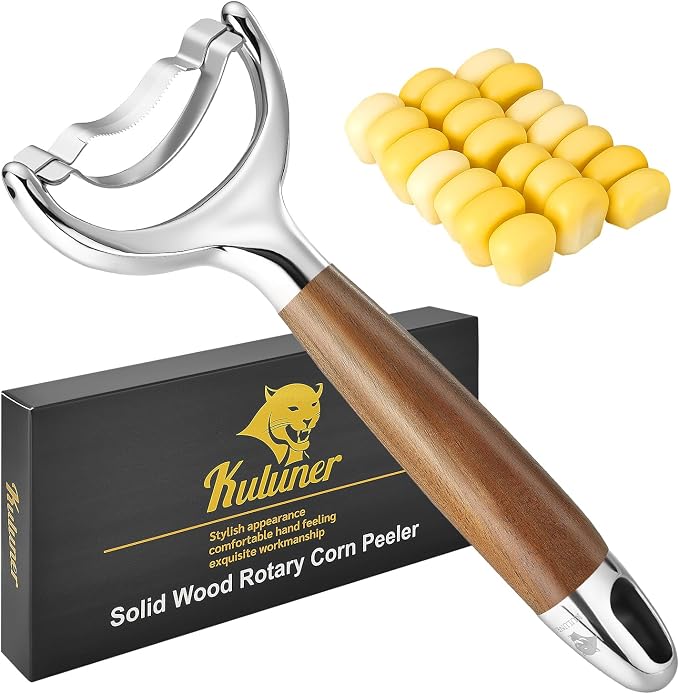 KULUNER Stainless Steel Corn Stripper Tool - Burma Teak Wood Handle, Rust-Resistant Polished Blade, Easy Clean Corn Cob Remover for Salad, Salsa, Party (Burma Teak)