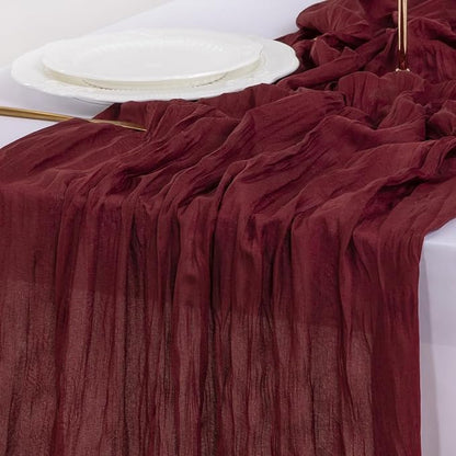 Socomi 3pcs Burgundy Red Valentine's Day Cheesecloth Table Runner Boho Rustic Gauze 120 inch 10FT Cheese Cloth Runner for Wedding Party Baby Shower Birthday Home Decor Holiday Decorations