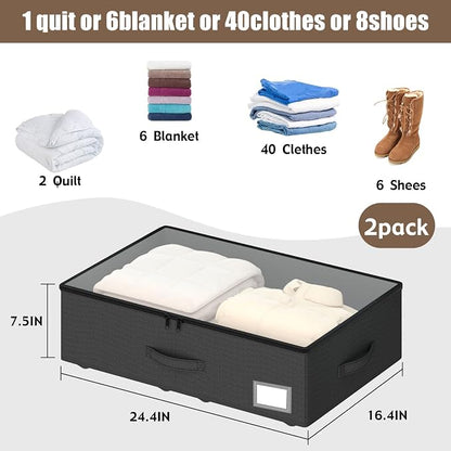 EE-RoomWorld Underbed Storage Bins with Wheels, No Assembly Required - 7.5 inch height Black Large Capacity Rolling Underbed Containers for Shoes, Dorm under bed storage drawers
