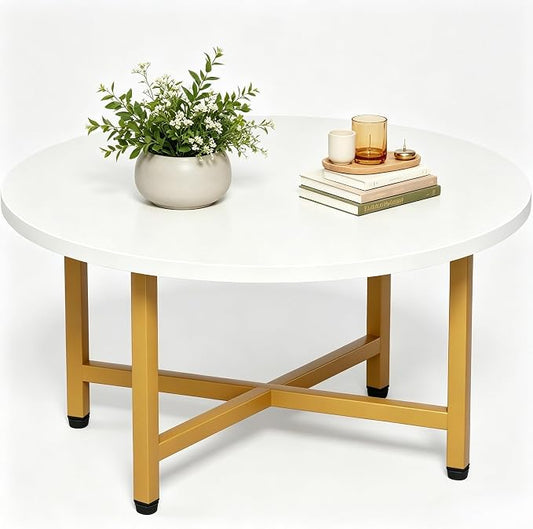 Coffee Table, 23.6" Small Coffee Tables, Gray Round Coffee Tables for Living Room, Floor Table for Sitting on The Floor, Center Coffee Table with Metal Frame for Office Apartment Home, Gold