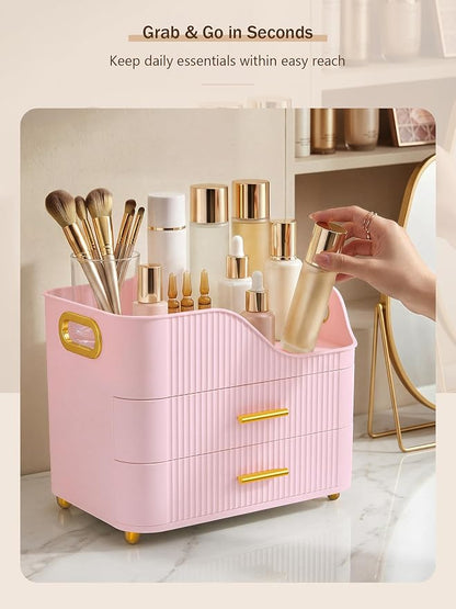 Booklov Countertop Makeup Organizer with Drawers, 3 Tier Large Cosmetic Storage Caddy for Vanity, Bathroom Counter, Dresser, Skincare Display Case for Lipsticks, Beauty Palettes, Teen Girl Gifts, Pink