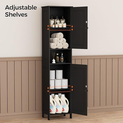 Homleke Tall Bathroom Storage Cabinet with 2 Doors, 67"H Narrow Storage Cabinet with Adjustable Shelves& Anti-Tip Design, Reversible Door Installation, Easy Assembly, 11.8 x 15.7 x 66.9 Inches, Black