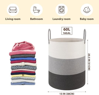 OIAHOMY Large Laundry Basket Hamper - 60L Cotton Rope Woven Basket for Blankets, Toys, Clothes - Tall Decorative Nursery Hamper with Long Handles, Gradient Grey