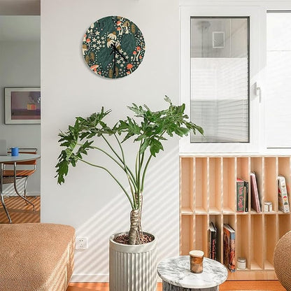 Botanical Wood Wall Clock, Cartoon Green Botanical Floral Leaves Mushroom Plant 12 Inch Silent Non-Ticking Battery Operated Round Clock for Bedroom Living Room Office Kitchen Decor