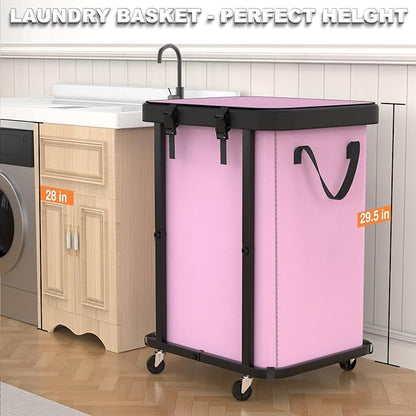 150L (40 Gal) Large Fashion Laundry Basket with Wheels, Leather Patchwork Rolling Hamper Carts, Sturdy Metal Frame, Removable Washable Bag, Tall Clothes Sorter for Bedroom (Pink, 1 Section-150L)
