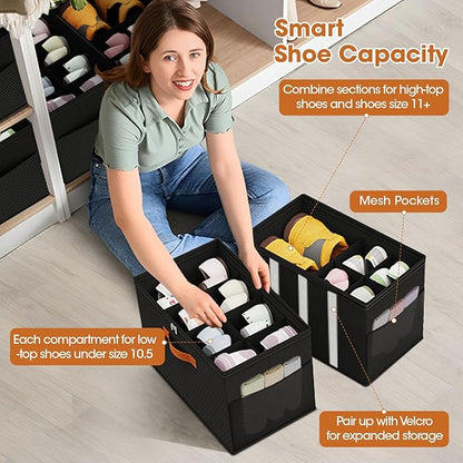 4 Pack Shoe Organizer for Closet,Foldable Shoe Storage Organizer with Adjustable Dividers, Shoe Storage Box with Clear Cover, Fits up to 16 Pairs, Black