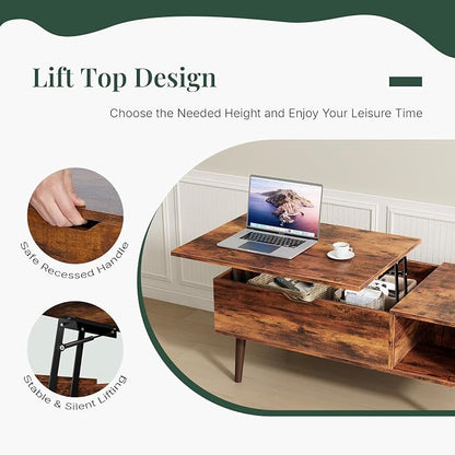 Wood Lift Top Coffee Table with Hidden Storage Compartment & Open Shelf, Multi-Functional Wooden Tabletop Dining Table for Living Room, Home Small Space