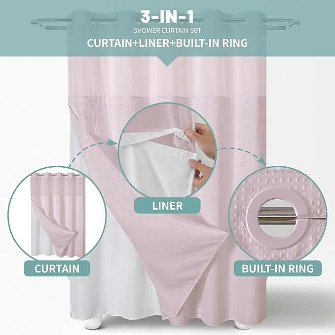 BlushPink No Hook Waffle Weave Shower Curtain with snap-in Liner Replacement, 230GSM Waterproof Fabric Hotel Shower Curtain Set for Bathroom, Through Mesh Top Window,71Wx74H