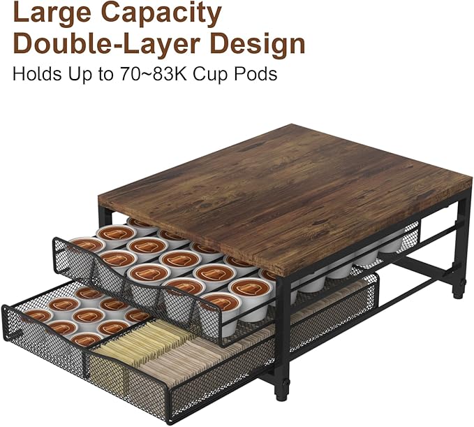 VyGrow Coffee Pod Holder For Counter, Wooden K Cup Holder with Double Layer Sliding Drawer, Large Capacity Coffee Pod Storage for Coffee Station, Home, Office, Kitchen