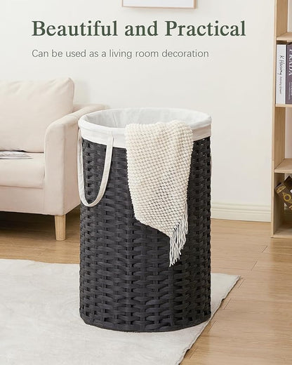 34.3 Gal (130 L) Large Laundry Hamper Laundry Basket Round Handwoven Wicker Laundry Baskets Rattan Laundry Basket with Removable Bag Handles 2 Mesh Bags for Living Room Bedroom Black (No Lid)