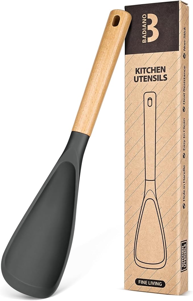 Cooking Spoon for Nonstick Cookwares, Great for Cooking and Serving Sturdy BPA-Free Matte Silicone, Wood Handle Spoon for Mixing, Scoop, and Scrape (GREY, 13.4 inch)