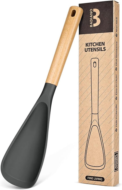 Cooking Spoon for Nonstick Cookwares, Great for Cooking and Serving Sturdy BPA-Free Matte Silicone, Wood Handle Spoon for Mixing, Scoop, and Scrape (GREY, 13.4 inch)