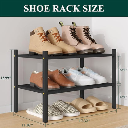 Smiry Small Bamboo Shoe Rack 2-Tier, Stackable Wooden Shoe Organizer for Entryway & Closet, Free Standing Wood Shoe Storage Shelf for Front Door & Small Spaces, Black