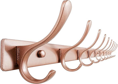 SKOLOO Coat Rack Wall Mounted - 10 Hooks, Heavy Duty, Stainless Steel, Metal Wall Hanger, Sturdy Coat Hooks for Hanging Coats, Jacket, Clothes, Hat, Matte Rose Gold