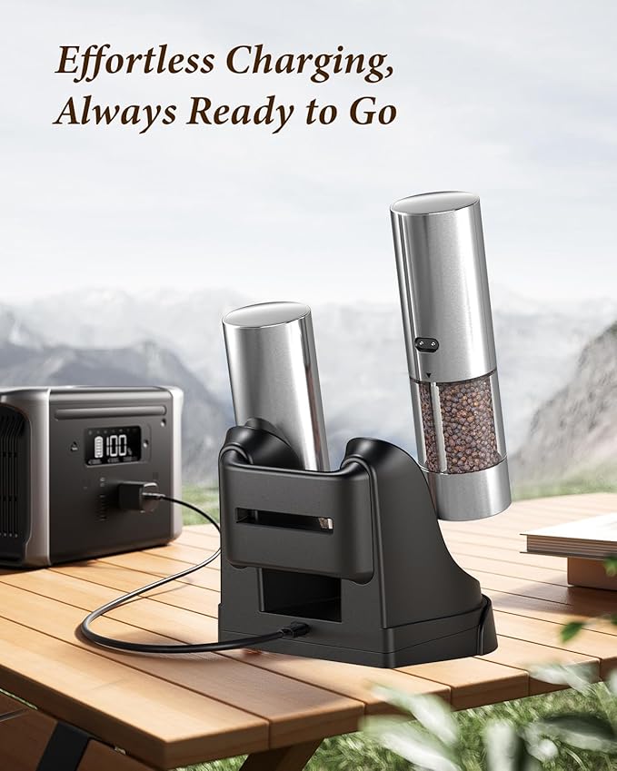 Electric Salt and Pepper Grinder Set - Automatic Refillable Salt and Pepper Grinders with Charging Base & LED Light, 6-Level Adjustable Coarseness with External Dial, Ideal Kitchen Gadget，Silver