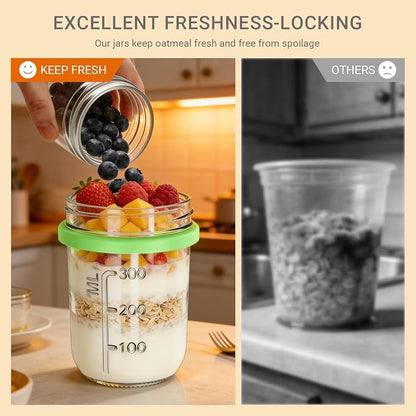 16+4 OZ Glass Mason Jars,Overnight Oats Containers with Lids and Spoon,Removable Independent Compartment,Large Capacity Airtight Jar for Milk,Fruit,Cereal,4 Pack(Purple/Green/White/Red)