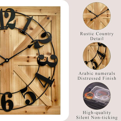 EMAX HOME Large Farmhouse Wall Clock – 24 Inch Brown Square Rustic Wooden Clock with Decorative Reversible Wooden Sign, Perfect for Any Space and Ideal Gift