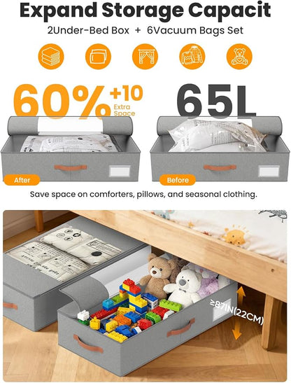 TOSKING 2-Pack Under Bed Storage Drawers with Wheels, 6 Vacuum Bags, 7.9" Height, Large 65L/80 lbs Clear Lid Rolling Bin, 900D Oxford, Space Saver for Dorm Bedroom, Blankets, Clothes, Shoes, Gray