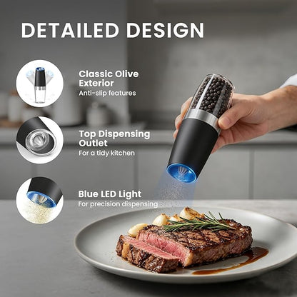 UNNEES Battery Operated Gravity Electric Salt and Pepper Grinder Set, Automatic Salt and Pepper Grinder Set, Adjustable Roughness,12 Batteries Required, LED Light, 2 Pack, (Black)