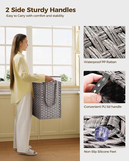 GREENSTELL Laundry Hamper with Wheels&Lid, 130L Large 3 Sections Clothes Hamper with 2 Types Removable Liner Bags, 5 Mesh Laundry Bags, Handwoven Divided Laundry Basket Gray