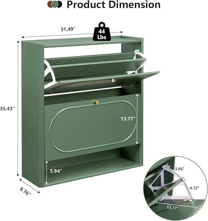 ORRD Shoe Storage Cabinet with 2 Flip Drawers, Wood Narrow Shoe Cabinet for Entryway, Fluted Hidden Shoe Organizer, Freestanding Slim Shoes Cabinets for Foyer, Hallway-Green