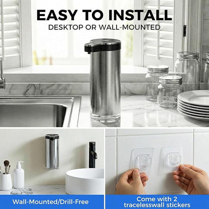 Automatic Foaming Soap Dispenser Touchless, Stainless Steel Hand Soap Dispenser, USB Rechargeable, 4 Adjustable Levels, 11.8oz/350ml for Kitchen and Bathroom (Stainless Steel Black, Foam)