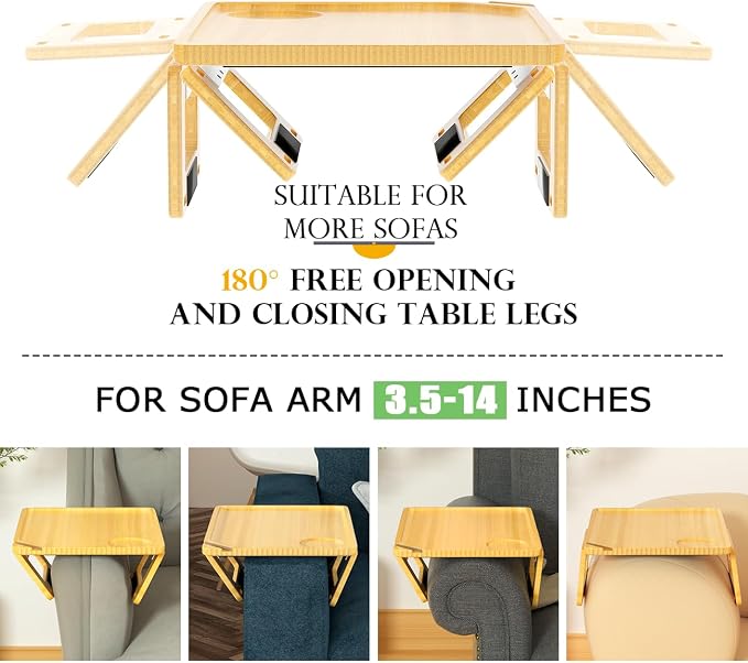 Smatdecis Couch Arm Tray Table Sofa Arm Clip Table, Armrest Tray Table Suitable for Home Drinks/Fast Food/Fruit Etc, Large Size Multi-Function Natural